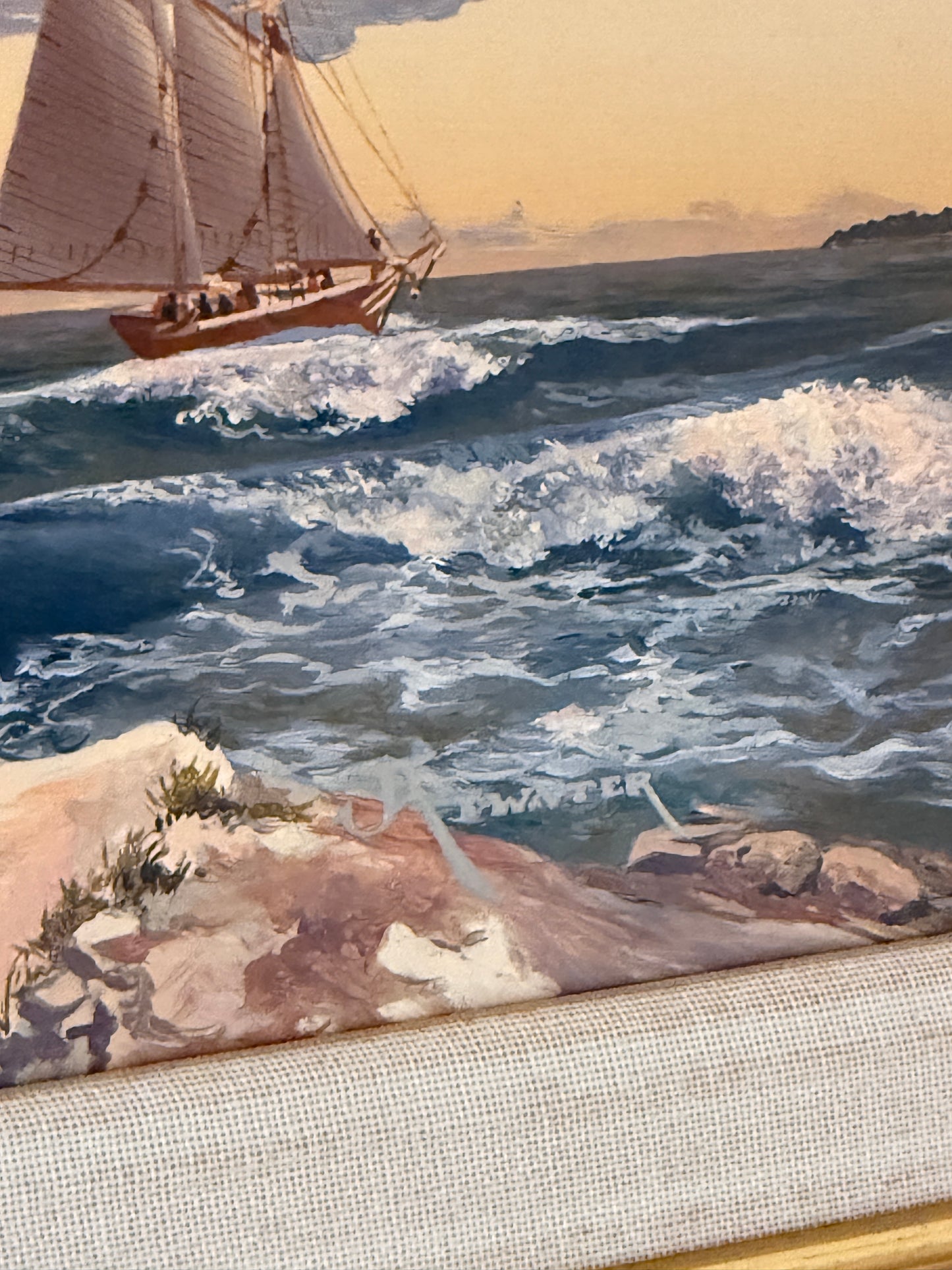 John Atwater Schooners Off Shipley Point Maine Seascape Oil Painting in Gold Frame