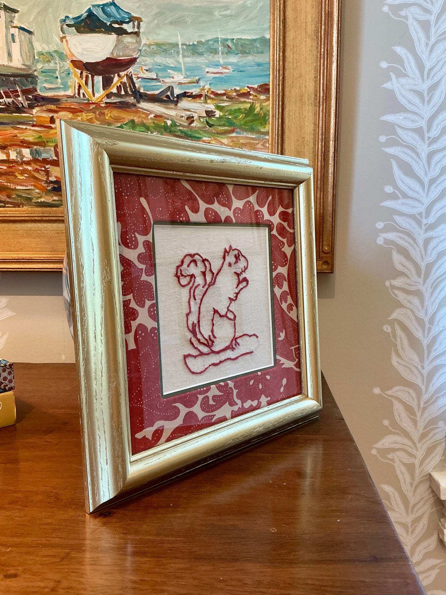 Antique Redwork Squirrel Embroidery on Red Designer Botanical Fabric in Gold Frame