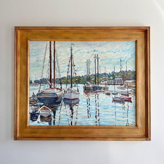 Edmund Jordan Camden Harbor Maine Overcast Morning Oil Painting in Gold Frame