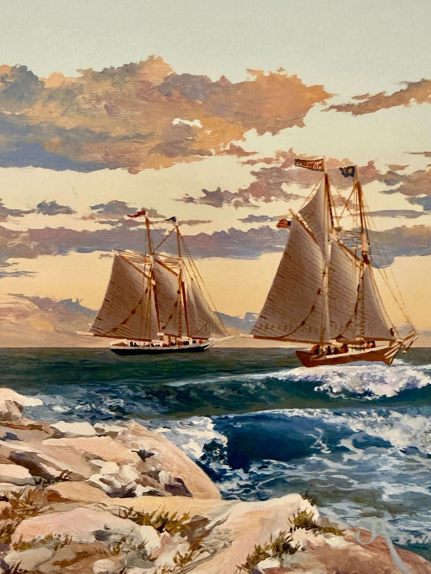 John Atwater Schooners Off Shipley Point Maine Seascape Oil Painting in Gold Frame