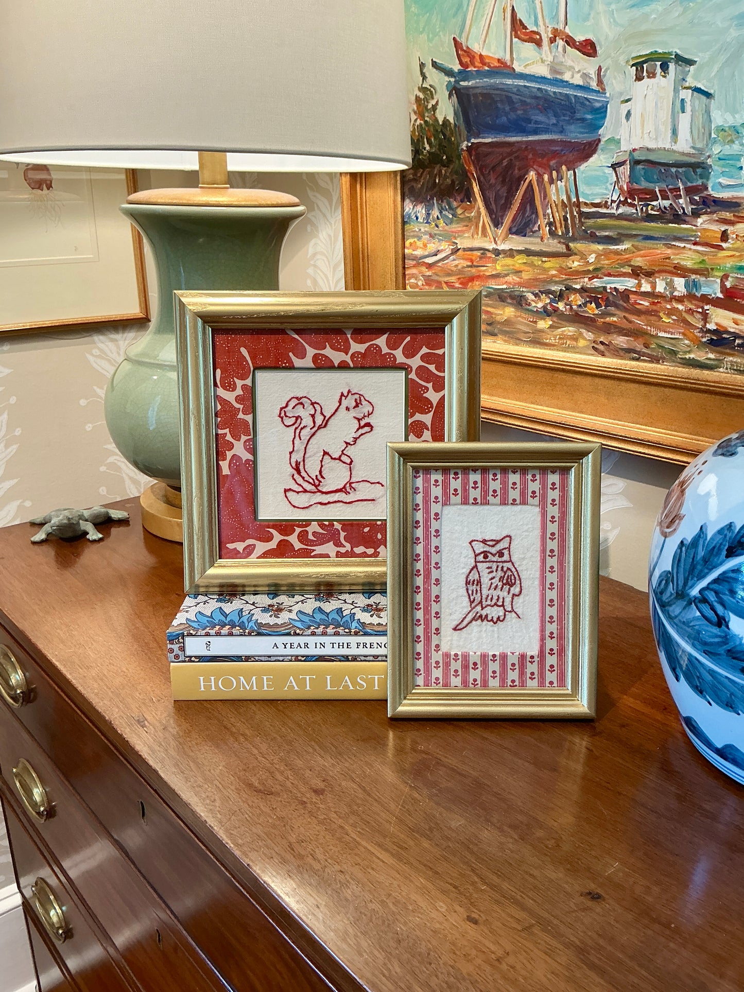 Antique Redwork Squirrel Embroidery on Red Designer Botanical Fabric in Gold Frame