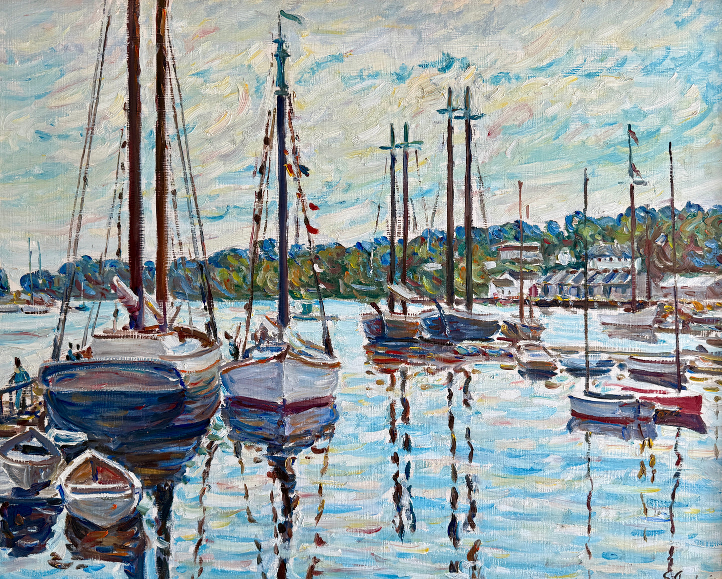 Edmund Jordan Camden Harbor Maine Overcast Morning Oil Painting in Gold Frame