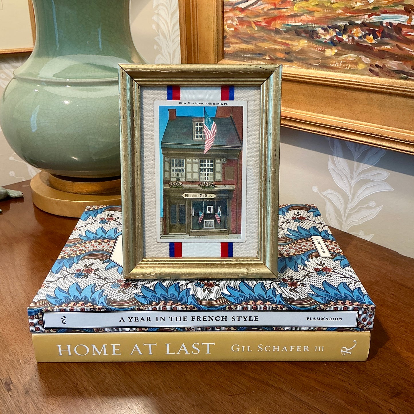Betsy Ross House Postcard on Ivory Duck Cloth in Gold Frame