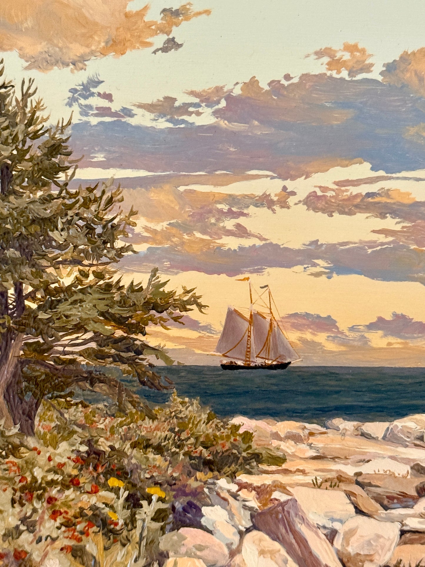 John Atwater Schooners Off Shipley Point Maine Seascape Oil Painting in Gold Frame