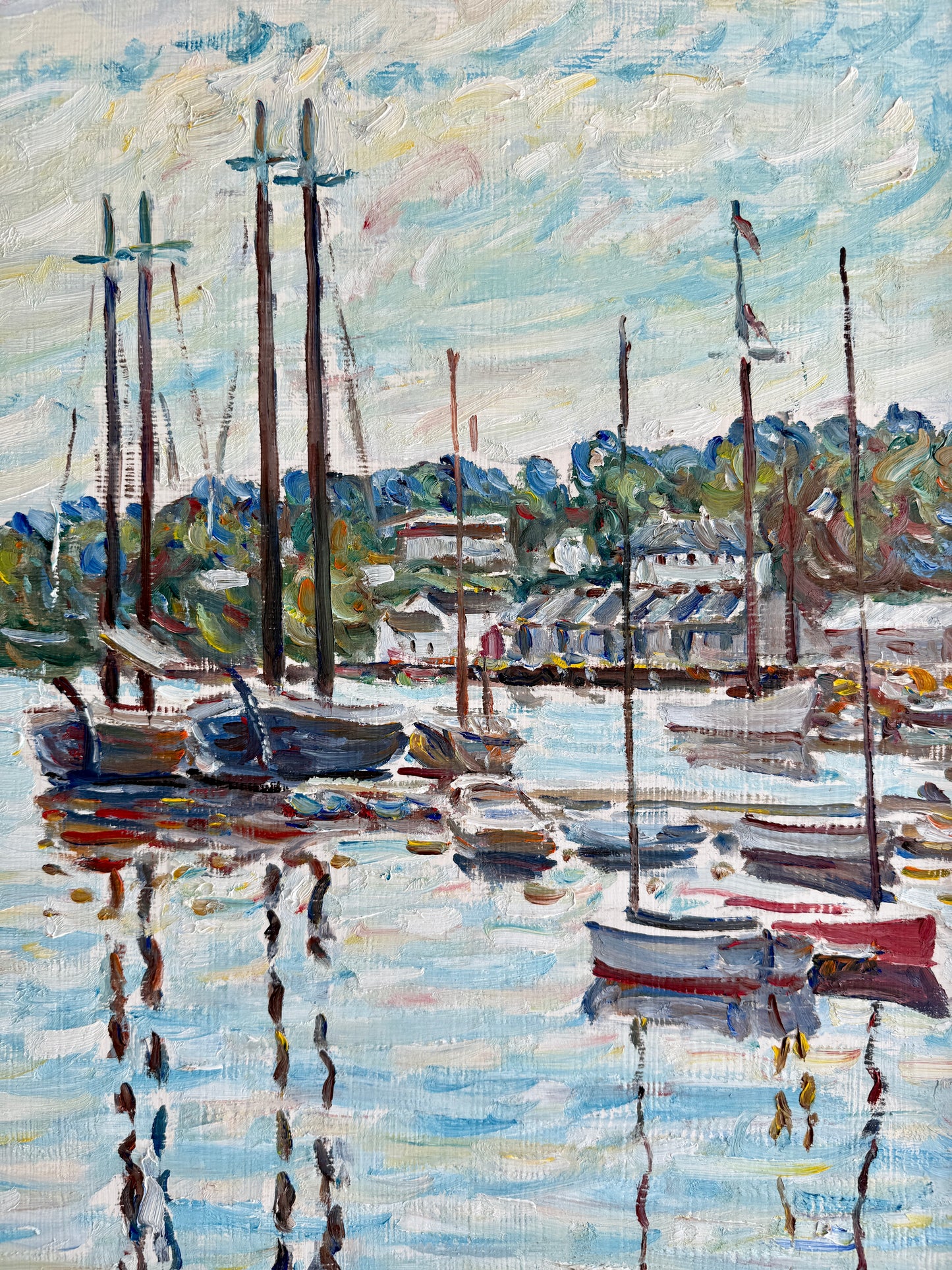Edmund Jordan Camden Harbor Maine Overcast Morning Oil Painting in Gold Frame