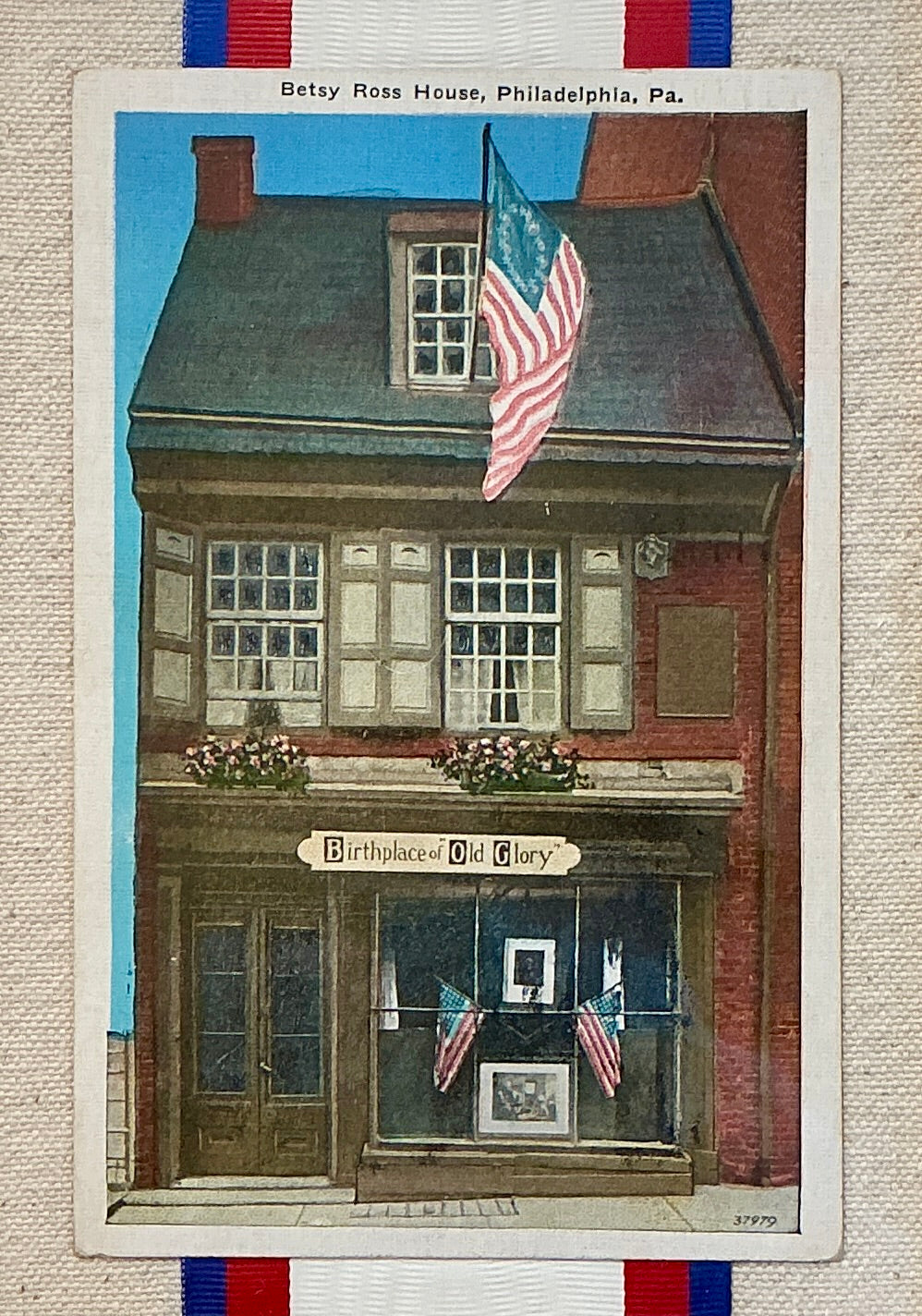 Betsy Ross House Postcard on Ivory Duck Cloth in Gold Frame