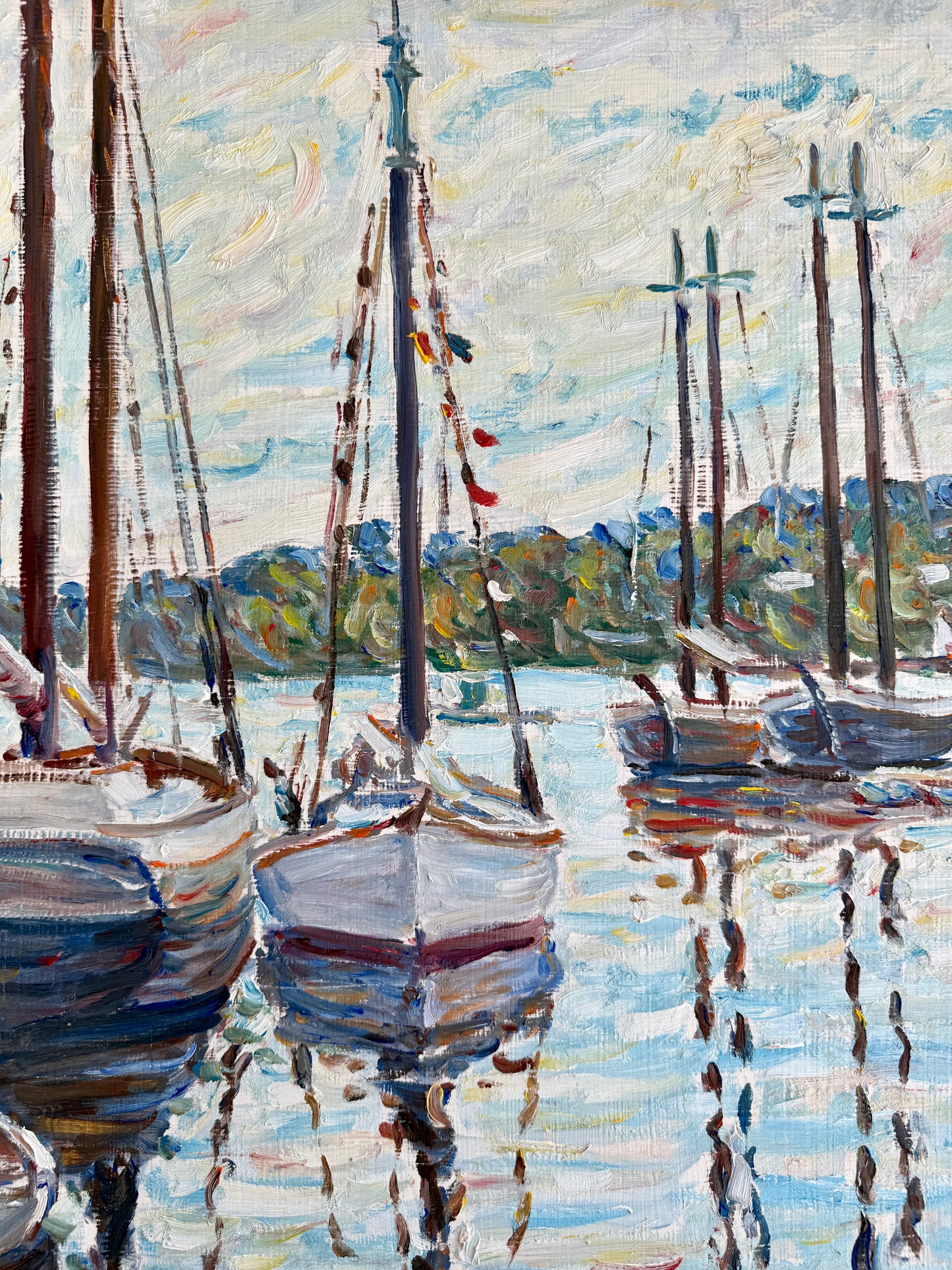 Edmund Jordan Camden Harbor Maine Overcast Morning Oil Painting in Gold Frame