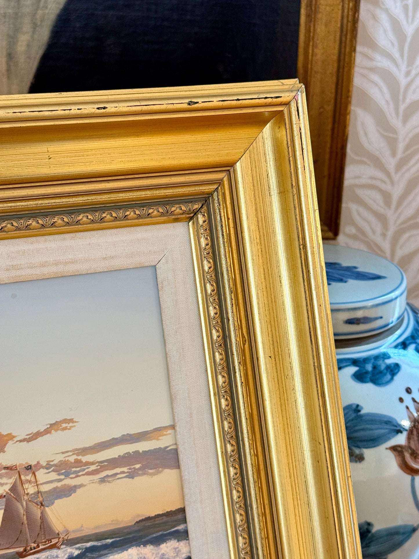 John Atwater Schooners Off Shipley Point Maine Seascape Oil Painting in Gold Frame