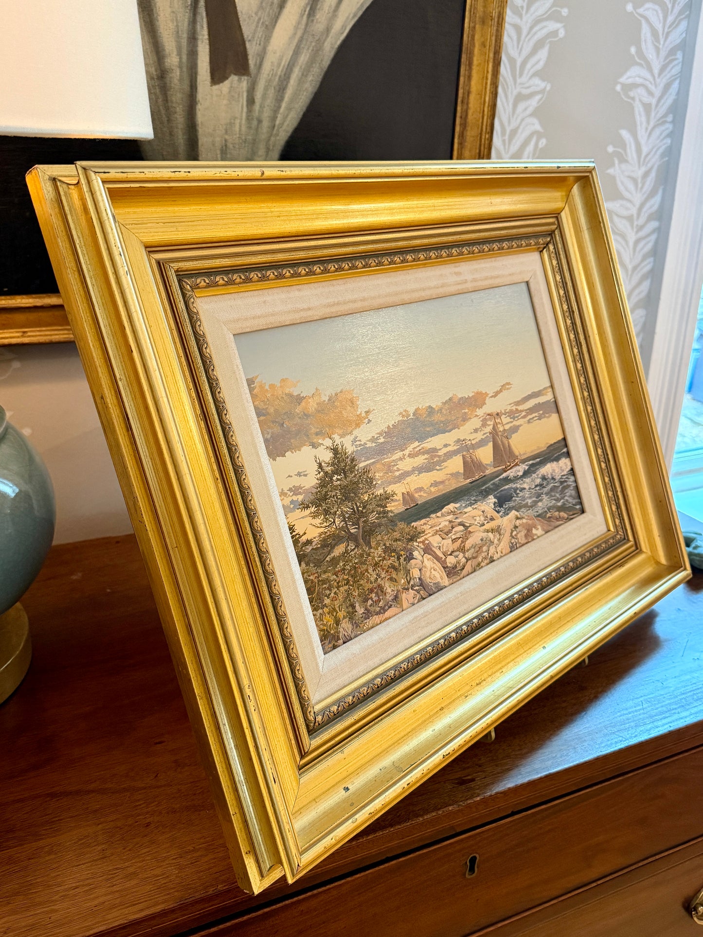 John Atwater Schooners Off Shipley Point Maine Seascape Oil Painting in Gold Frame