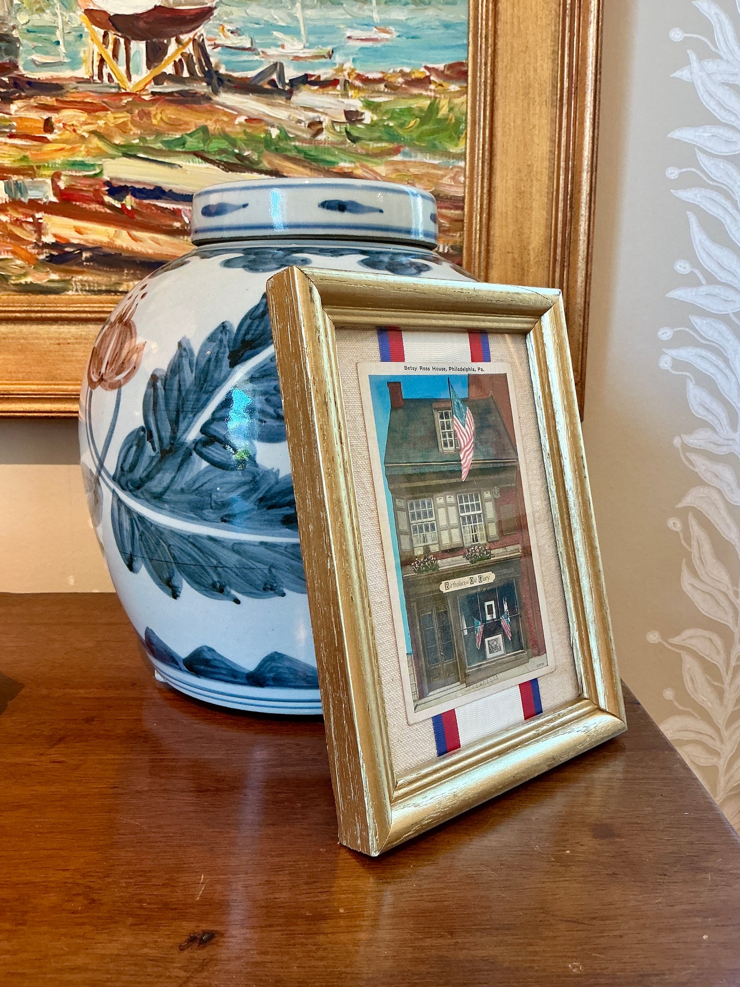 Betsy Ross House Postcard on Ivory Duck Cloth in Gold Frame