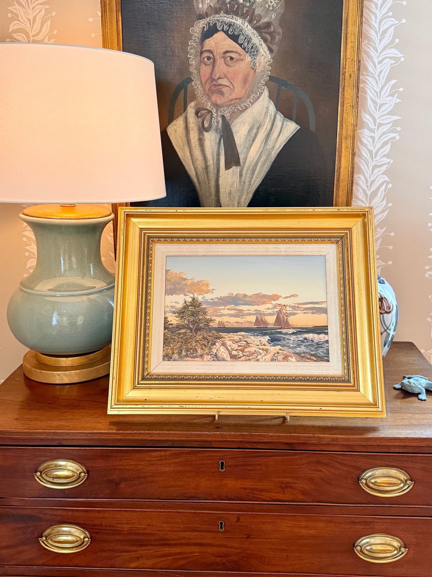 John Atwater Schooners Off Shipley Point Maine Seascape Oil Painting in Gold Frame