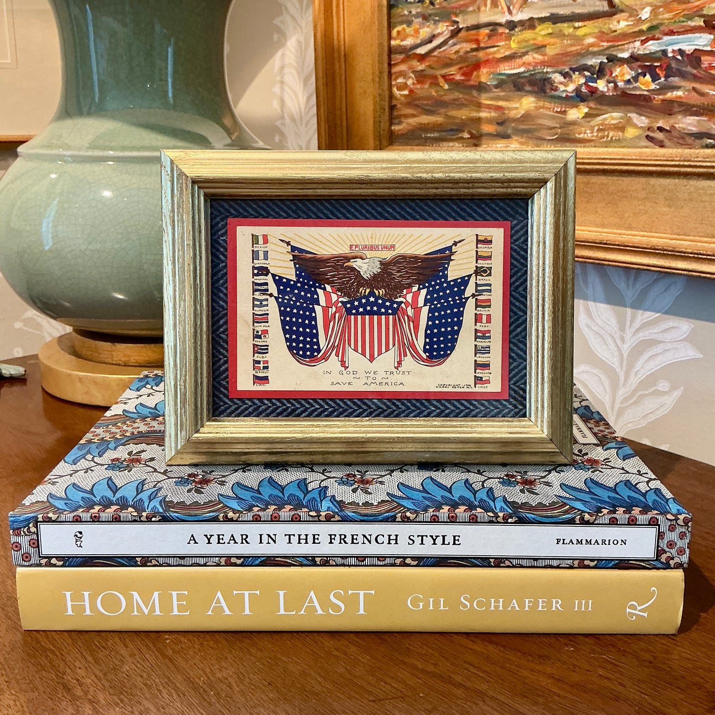1941 Patriotic E Pluribus Unum Postard on Blue Herringbone in Gold Frame
