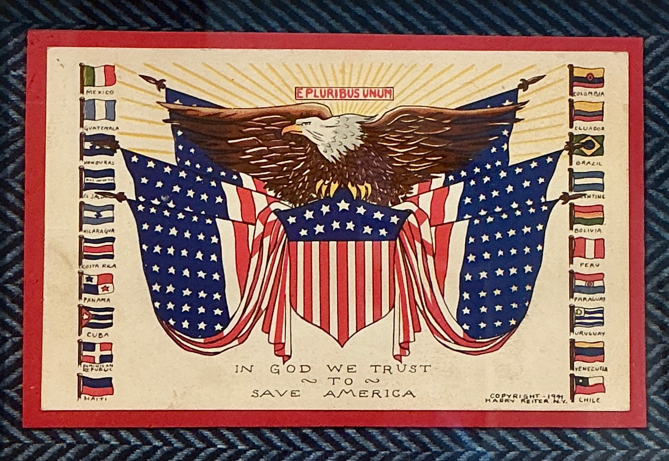 1941 Patriotic E Pluribus Unum Postard on Blue Herringbone in Gold Frame