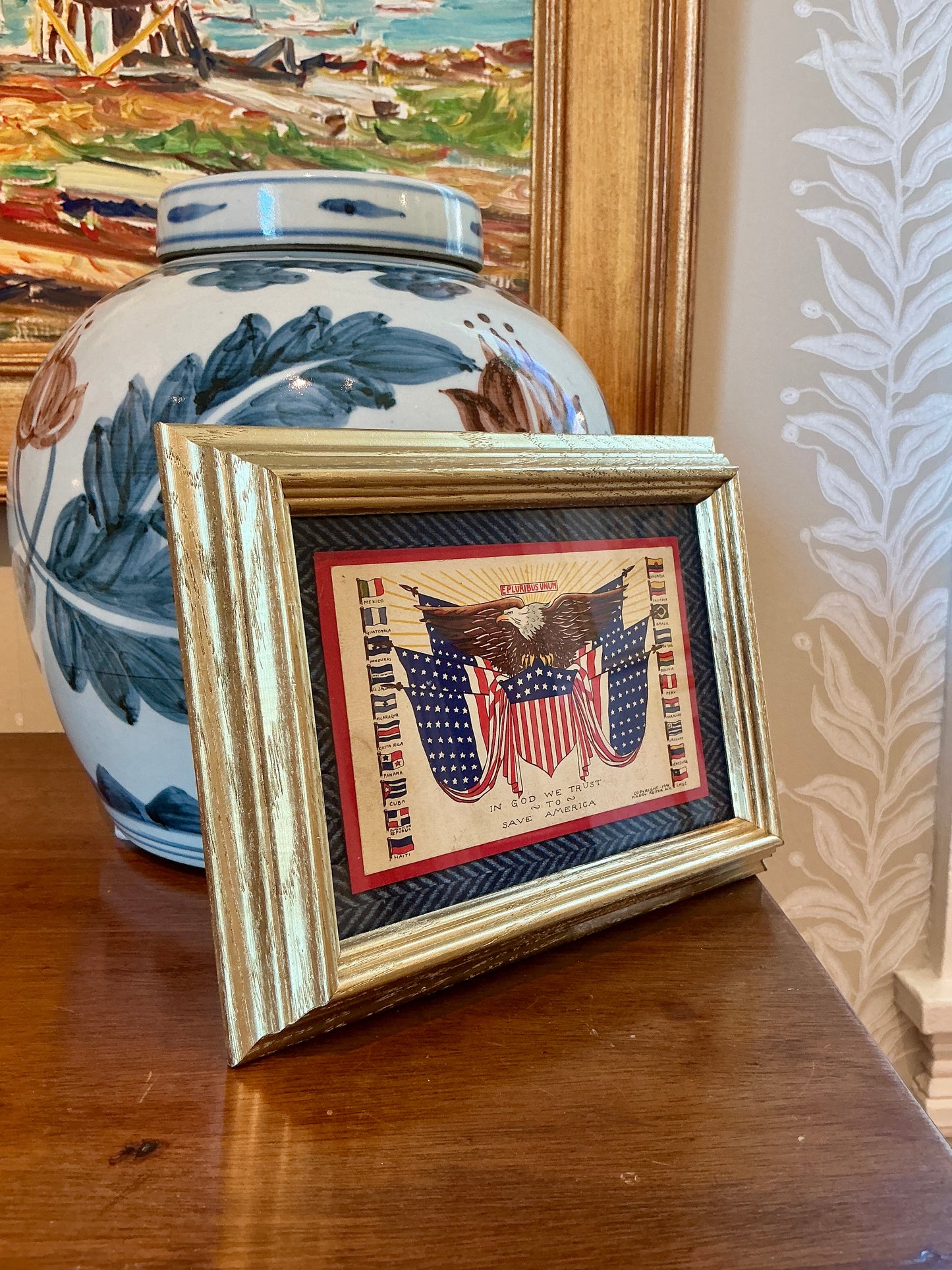 1941 Patriotic E Pluribus Unum Postard on Blue Herringbone in Gold Frame