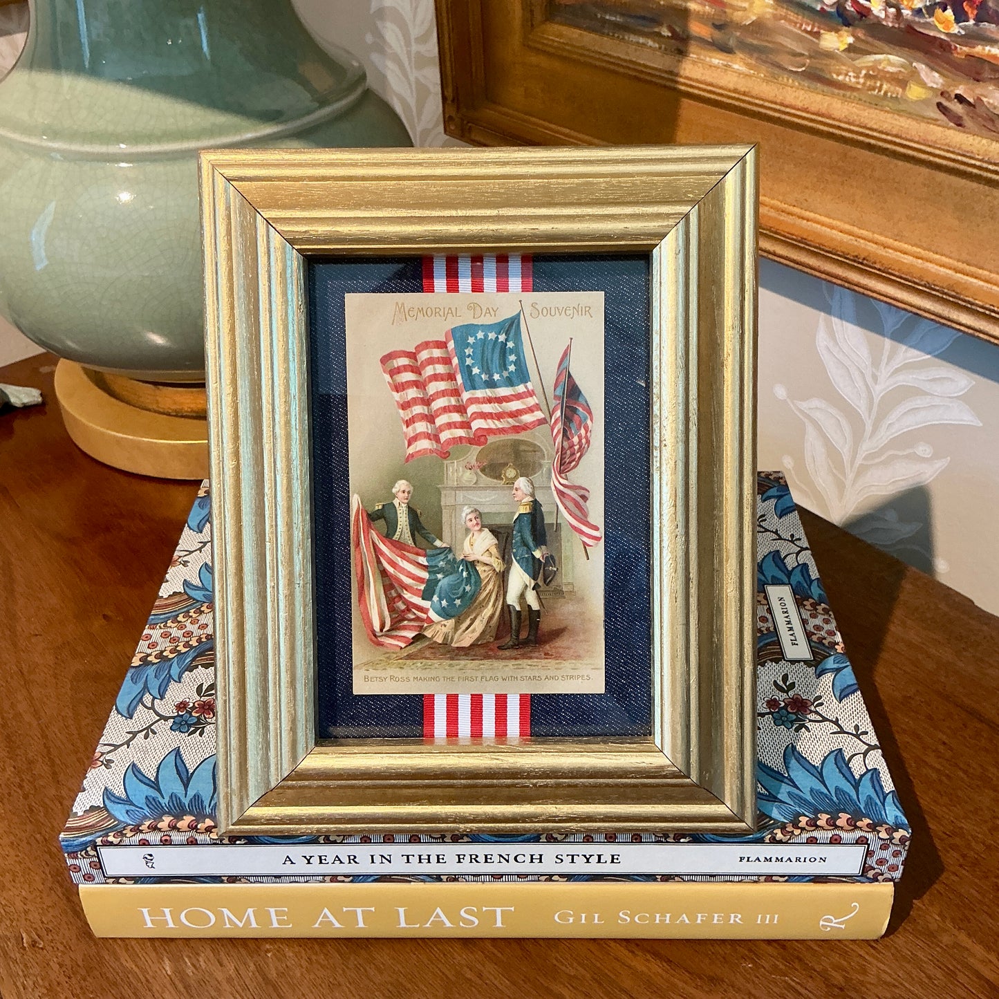 Memorial Day First Flag Souvenir Postcard on Chambray in Gold Frame