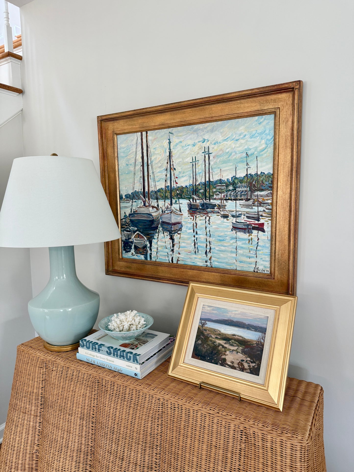 Edmund Jordan Camden Harbor Maine Overcast Morning Oil Painting in Gold Frame