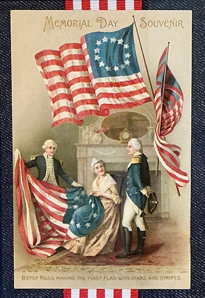 Memorial Day First Flag Souvenir Postcard on Chambray in Gold Frame