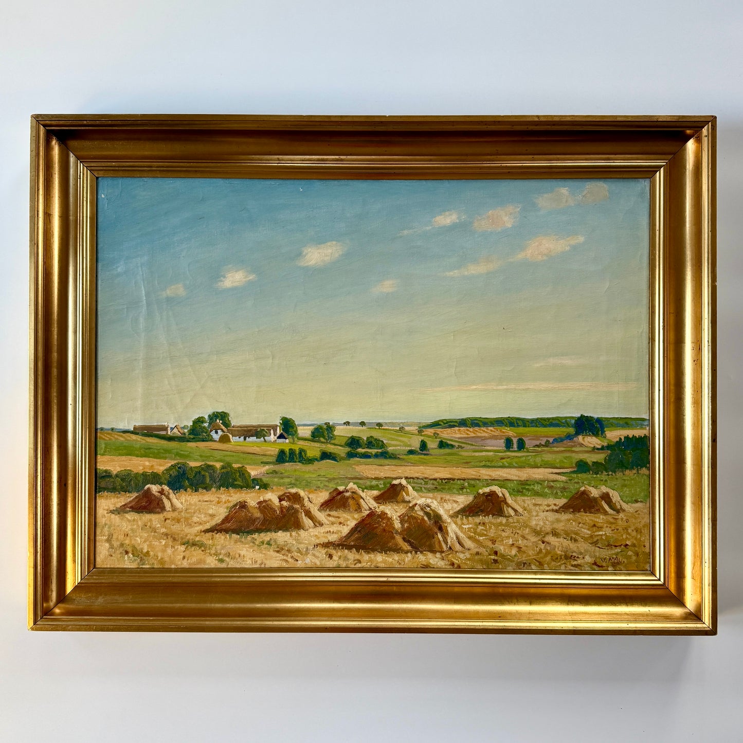 Mid Century Hay Field Sprawling Farm Landscape Oil Painting in Gold Frame