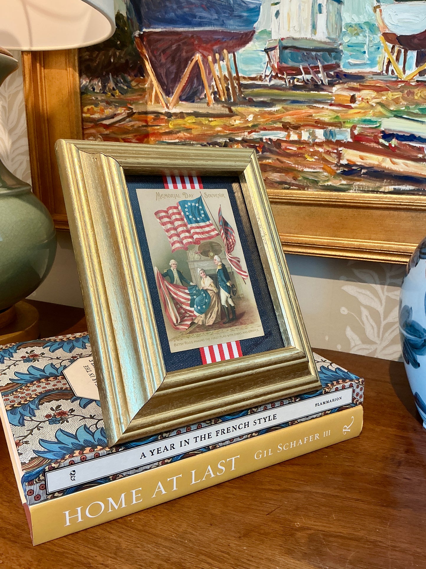 Memorial Day First Flag Souvenir Postcard on Chambray in Gold Frame