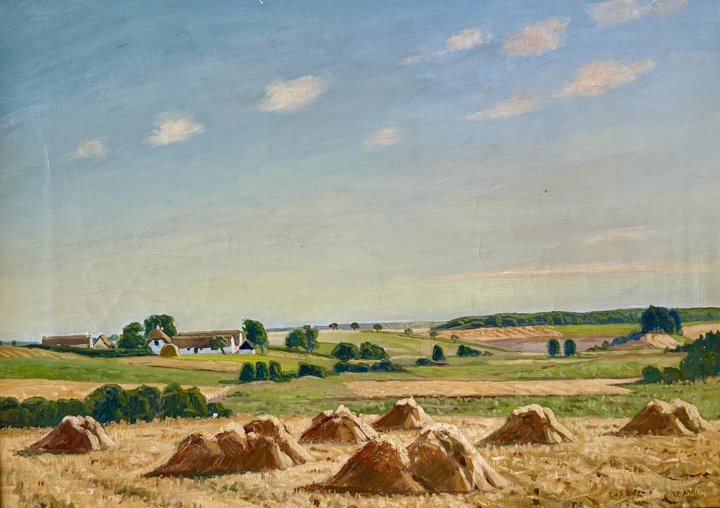 Mid Century Hay Field Sprawling Farm Landscape Oil Painting in Gold Frame