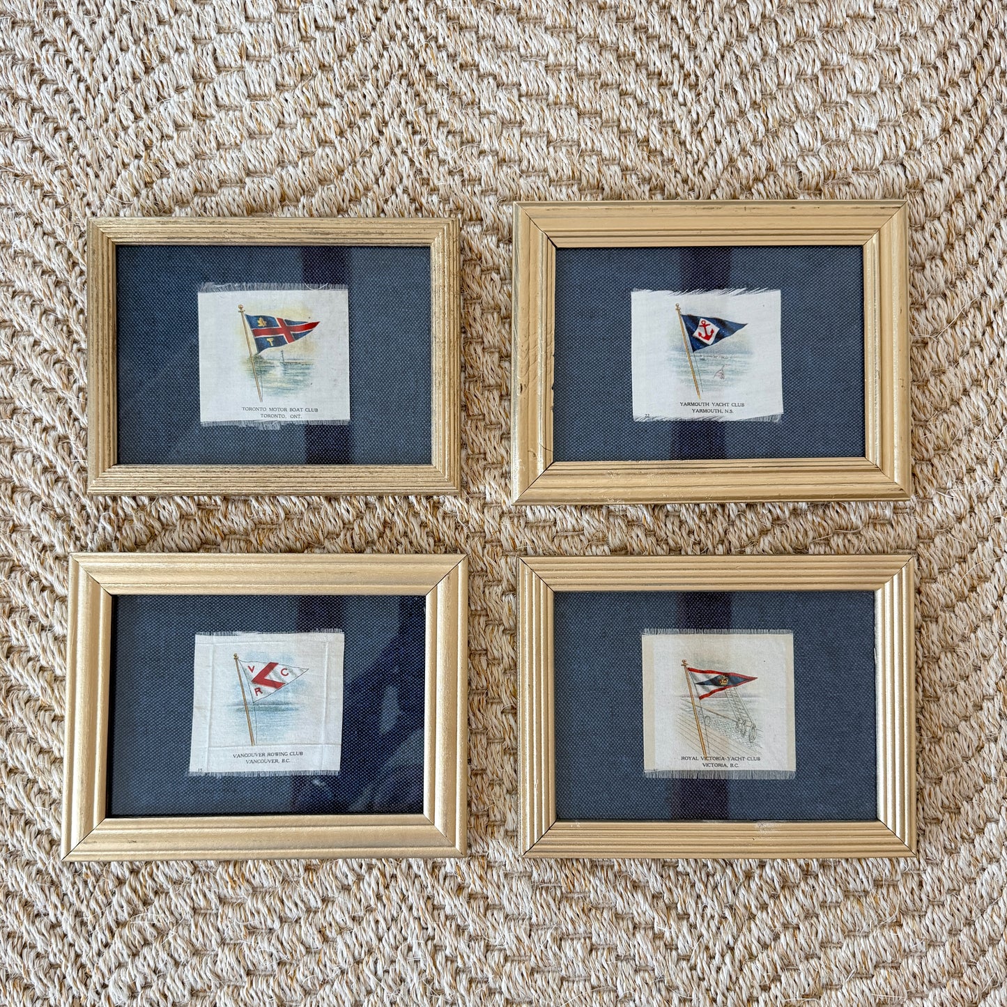 Set of 4 Antique Yacht Boating Club Silks on Navy Linen in Gold Frames (Set D)