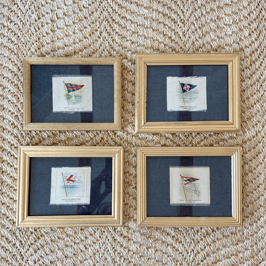 Set of 4 Antique Yacht Boating Club Silks on Navy Linen in Gold Frames (Set D)