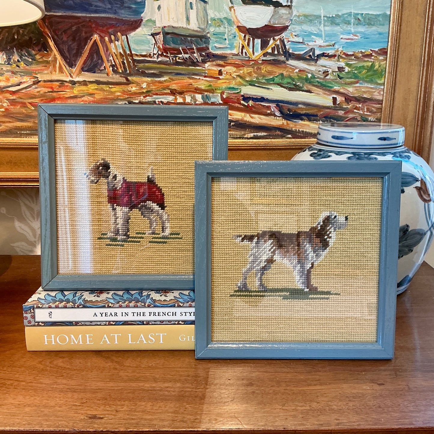 Pair of Vintage Needlepoint Dog Portraits Retriever and Airedale Terrier in Blue Painted Frames