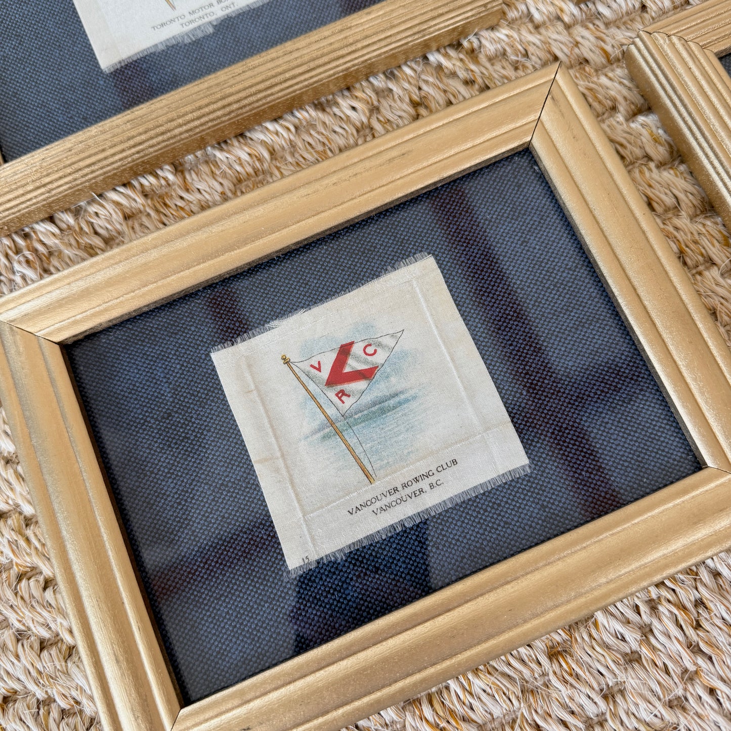 Set of 4 Antique Yacht Boating Club Silks on Navy Linen in Gold Frames (Set D)