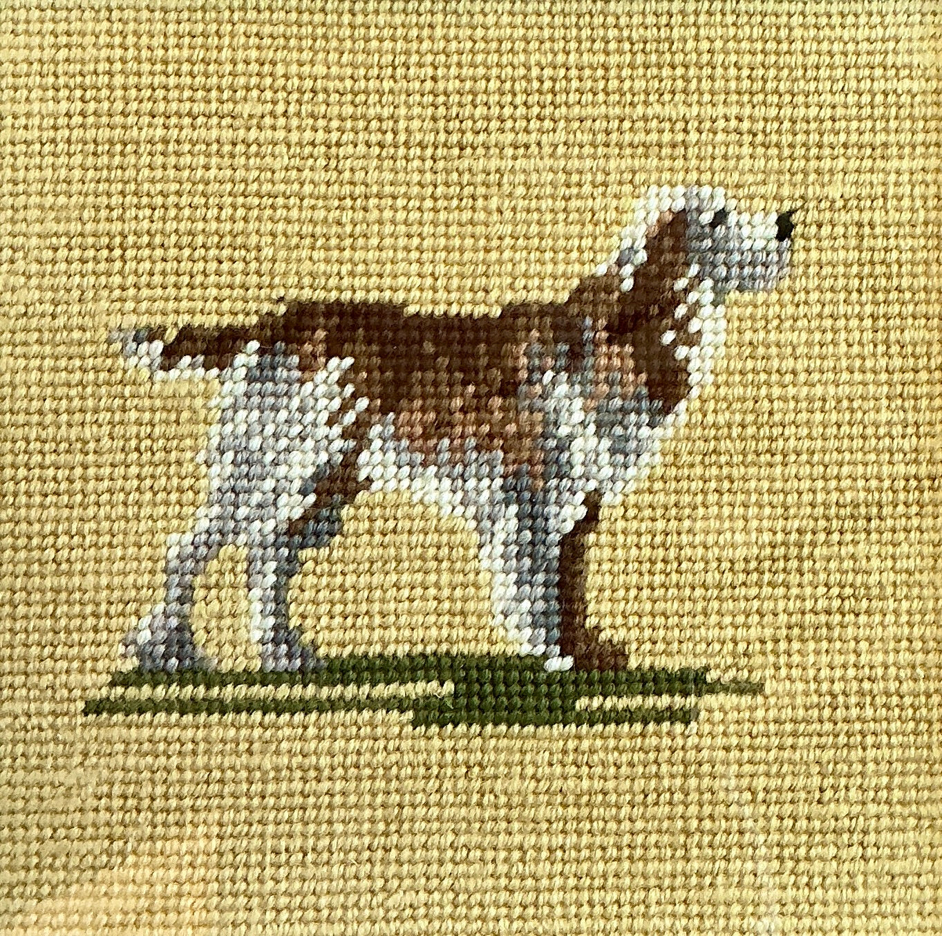 Pair of Vintage Needlepoint Dog Portraits Retriever and Airedale Terrier in Blue Painted Frames