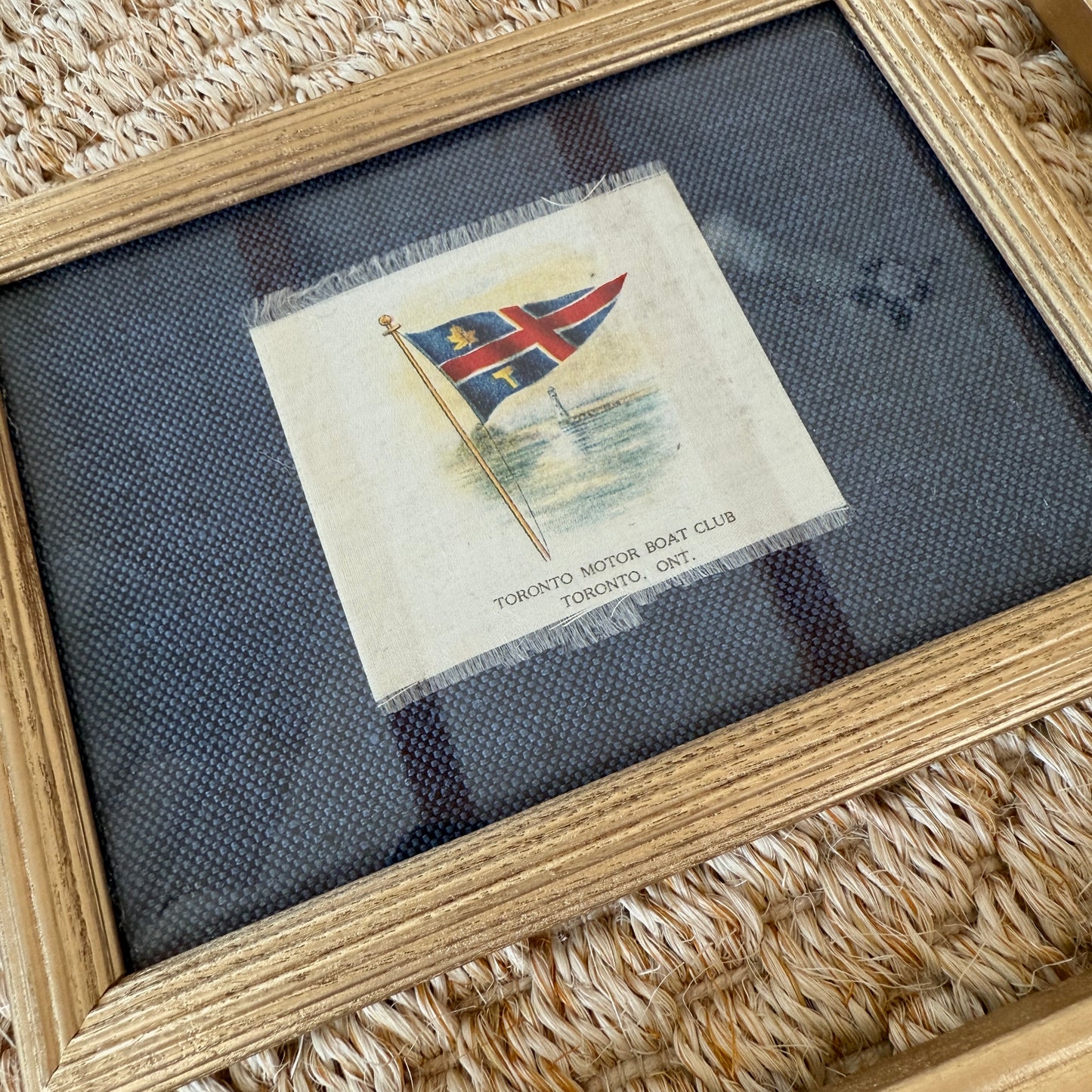 Set of 4 Antique Yacht Boating Club Silks on Navy Linen in Gold Frames (Set D)