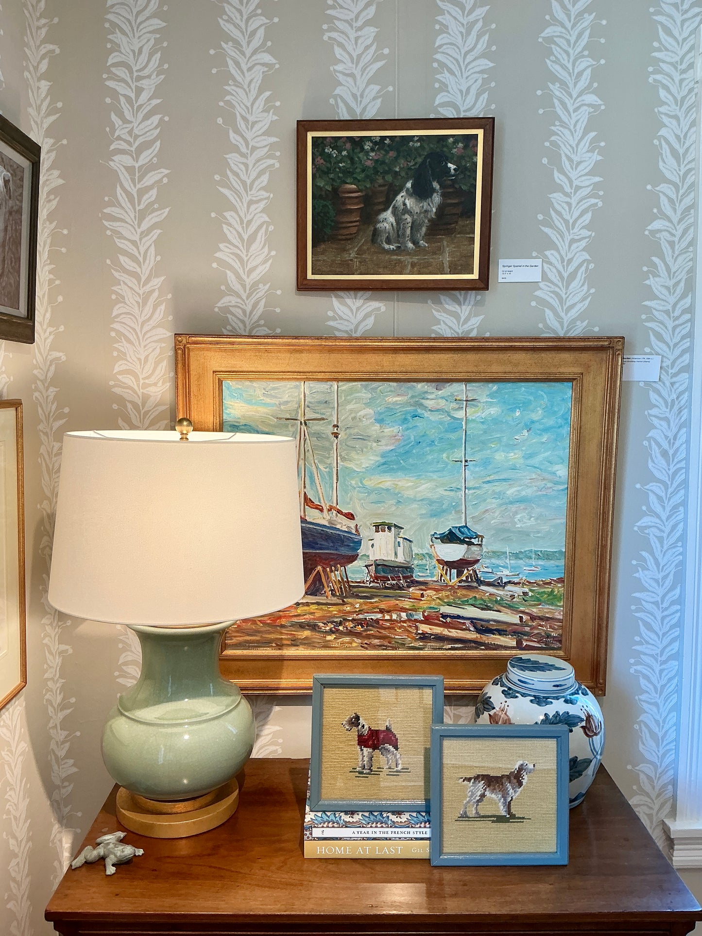 Pair of Vintage Needlepoint Dog Portraits Retriever and Airedale Terrier in Blue Painted Frames