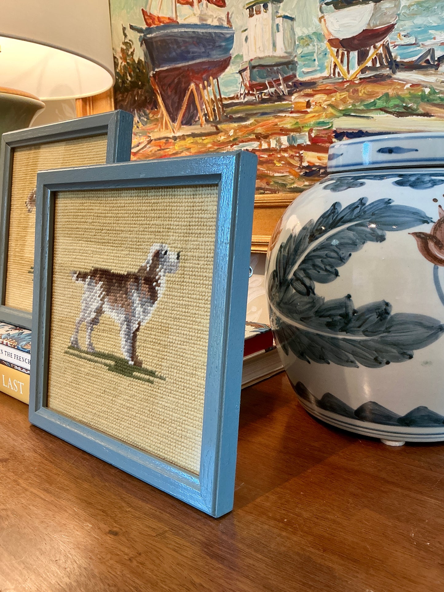 Pair of Vintage Needlepoint Dog Portraits Retriever and Airedale Terrier in Blue Painted Frames