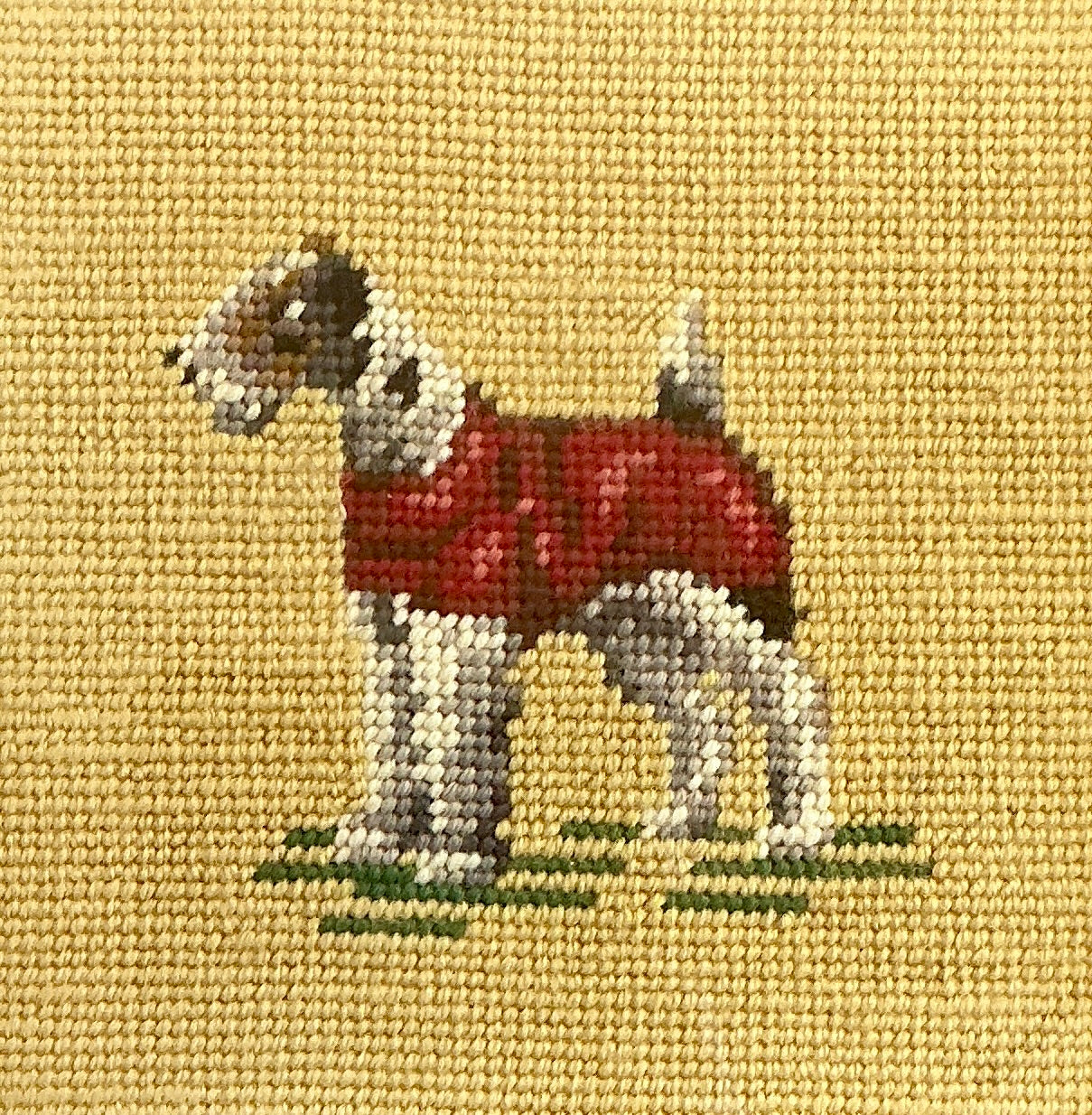 Pair of Vintage Needlepoint Dog Portraits Retriever and Airedale Terrier in Blue Painted Frames