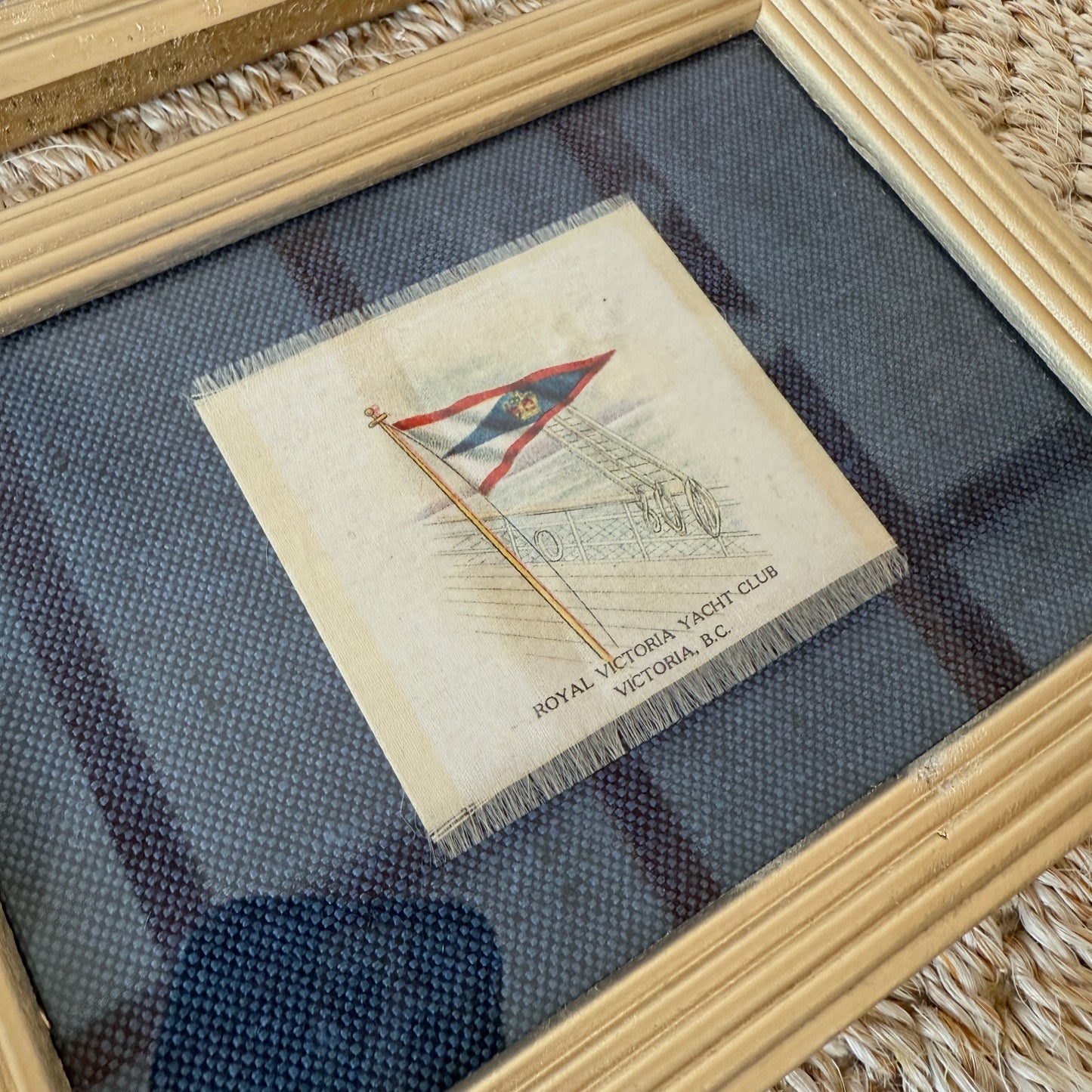 Set of 4 Antique Yacht Boating Club Silks on Navy Linen in Gold Frames (Set D)