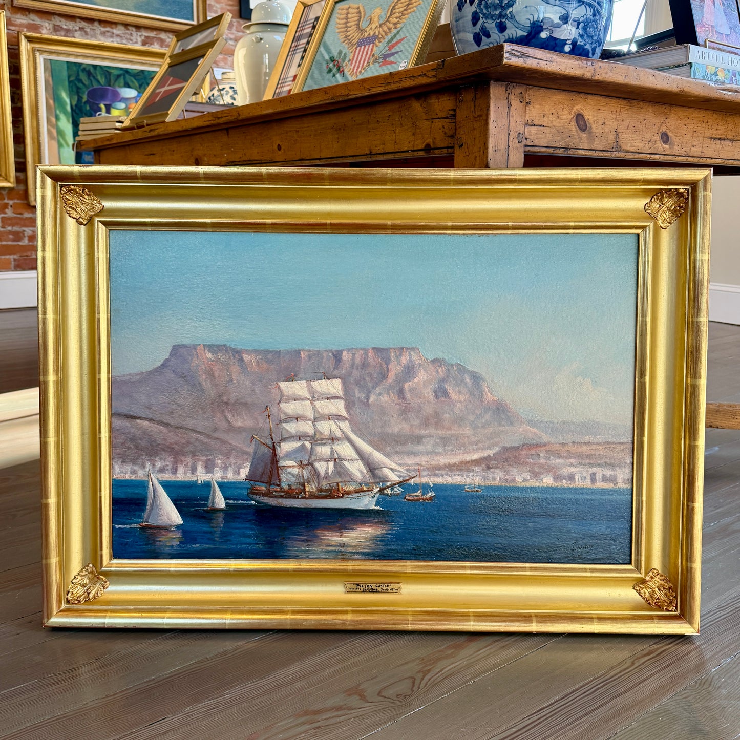Peter Layne Arguimbau Picton Castle Departs Cape Town Ship Portrait Oil Painting in Gold Frame