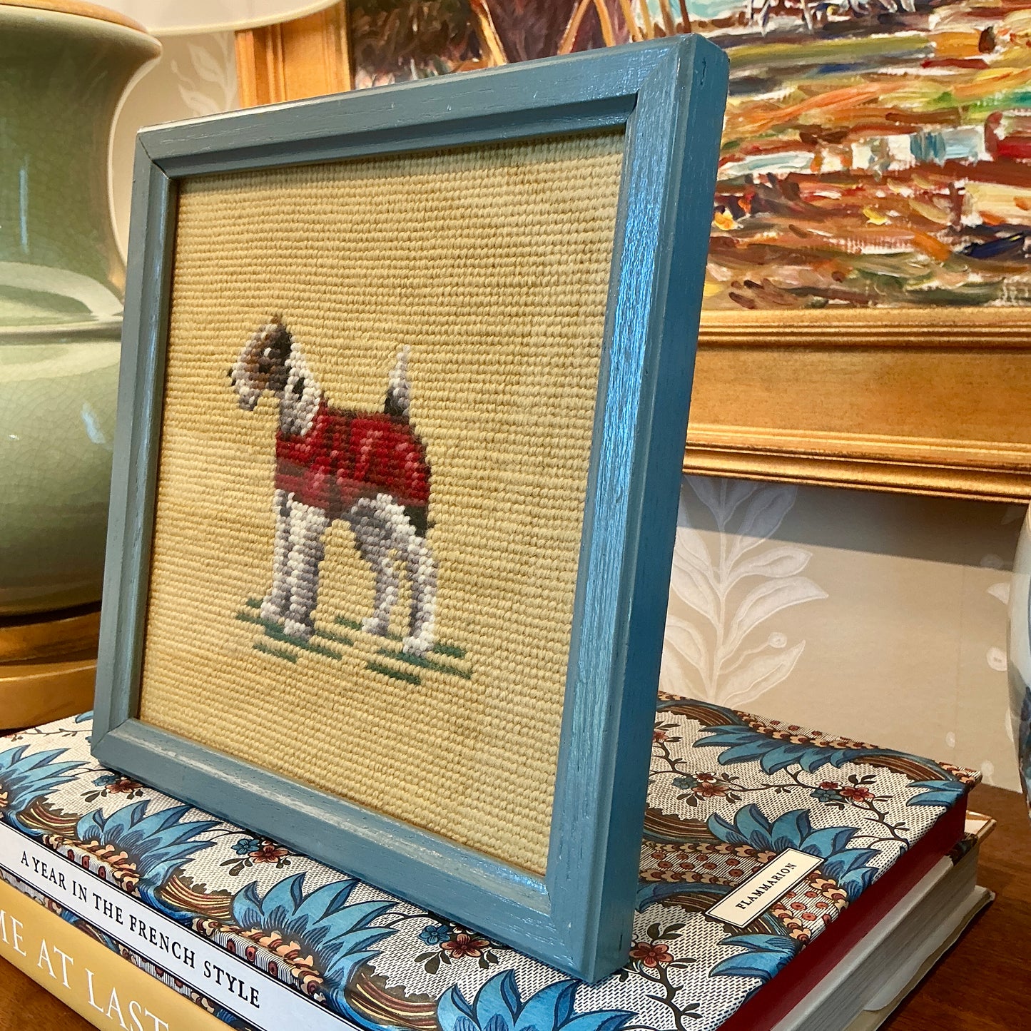 Pair of Vintage Needlepoint Dog Portraits Retriever and Airedale Terrier in Blue Painted Frames