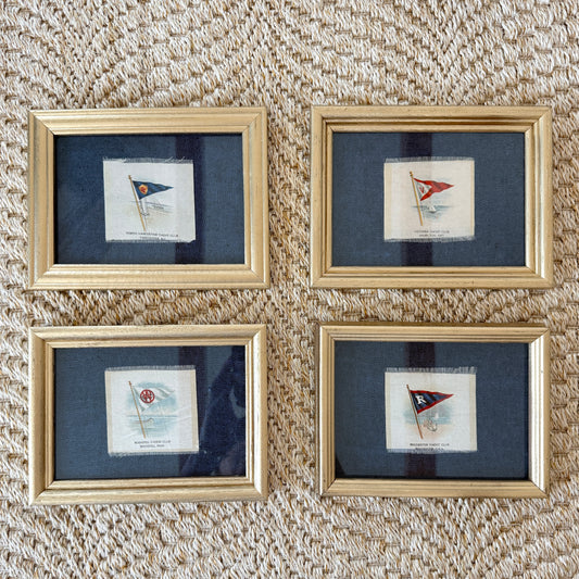 Set of 4 Antique Yacht Boating Club Silks on Navy Linen in Gold Frames (Set E)