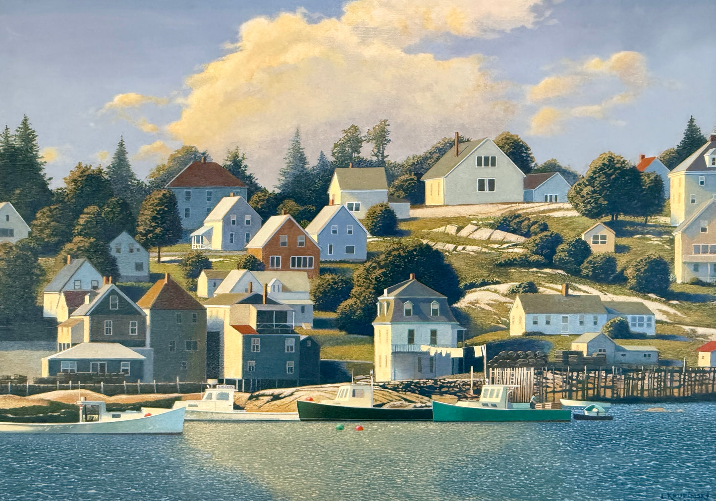 Loretta Krupinski Stonington Harbor, Maine Seaside Harborscape Oil Painting in Dark Gold Frame