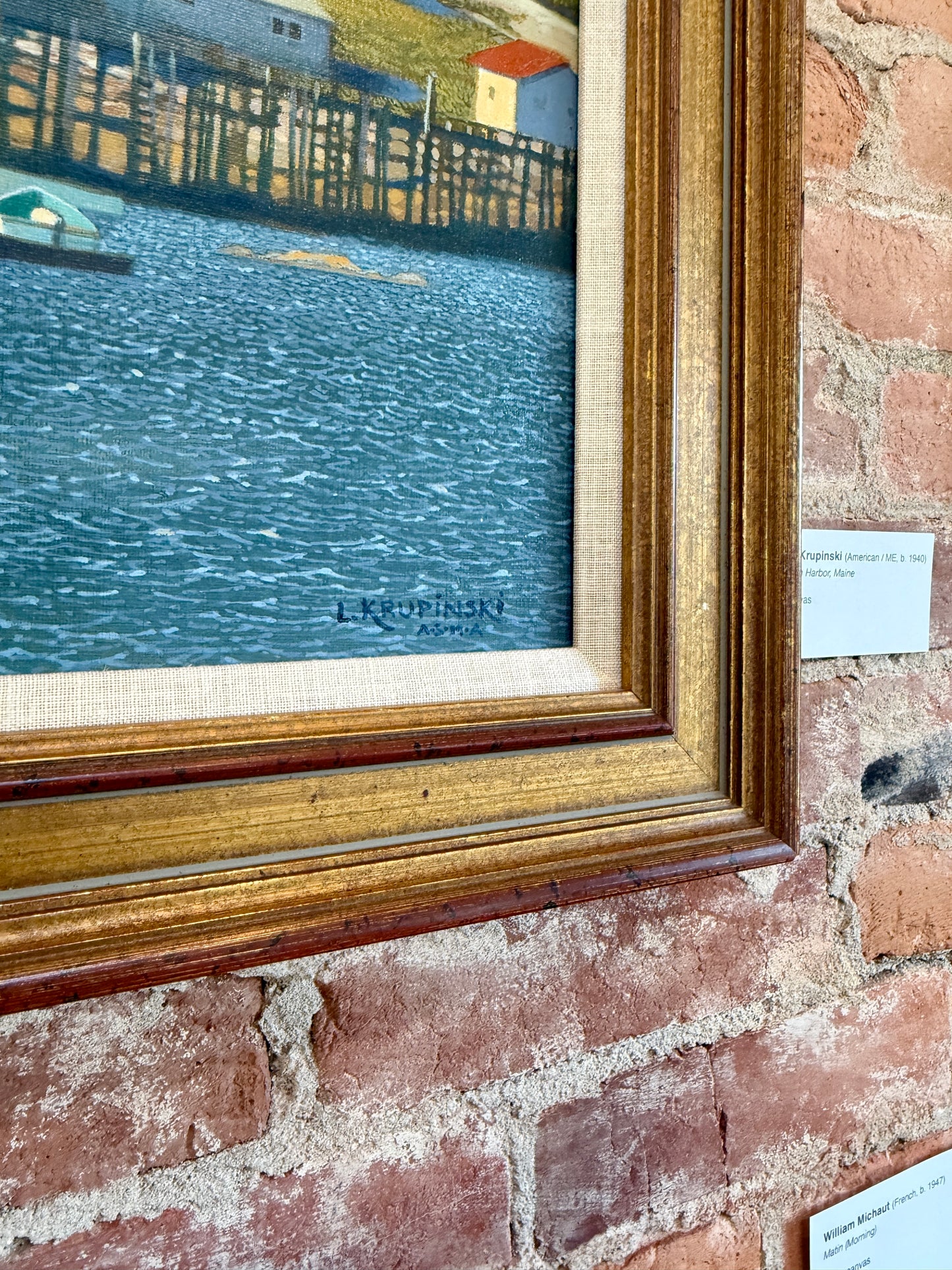 Loretta Krupinski Stonington Harbor, Maine Seaside Harborscape Oil Painting in Dark Gold Frame