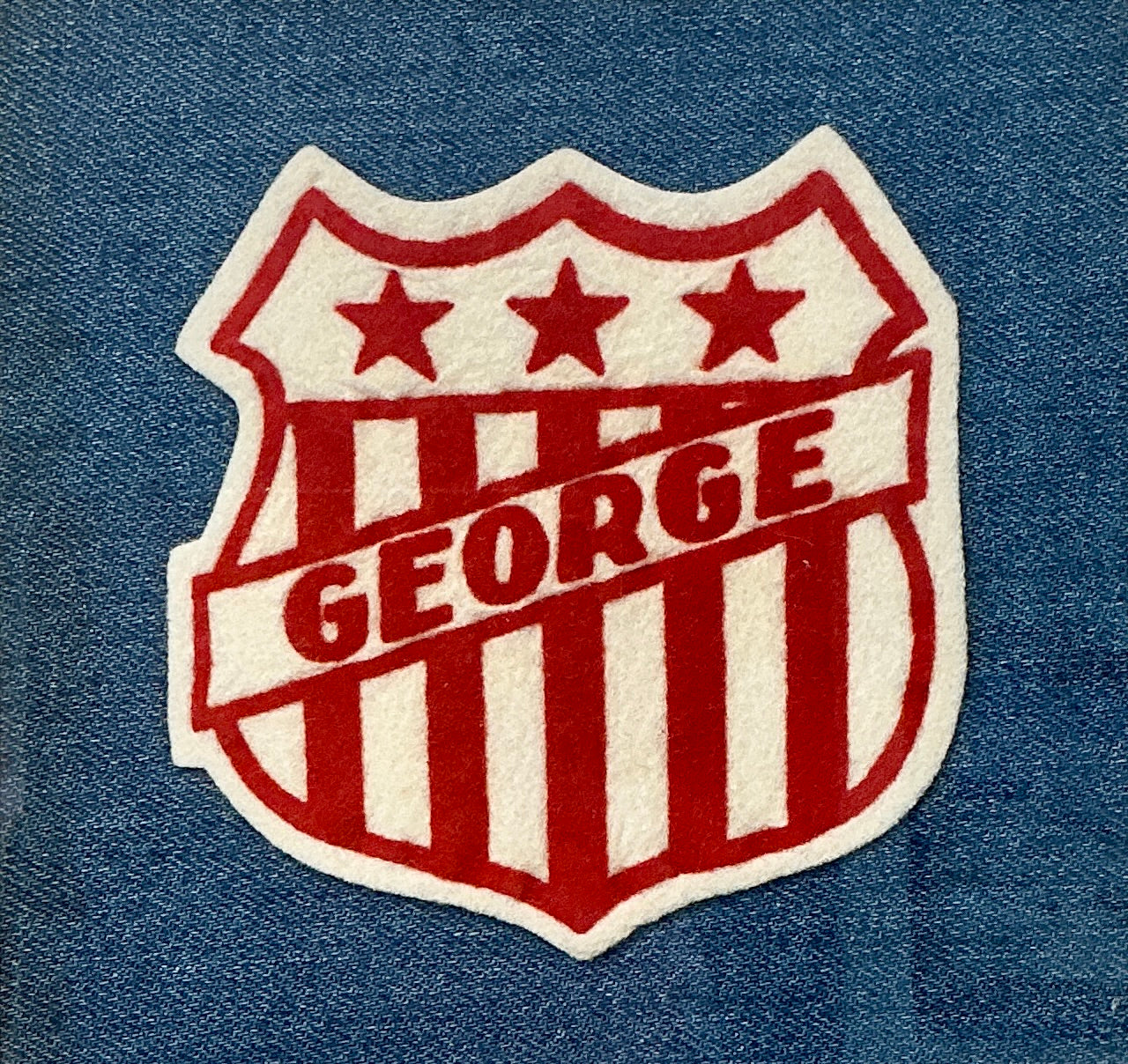Varsity Varsity Jacket George Name Patch on Dark Chambray in Gold Frame