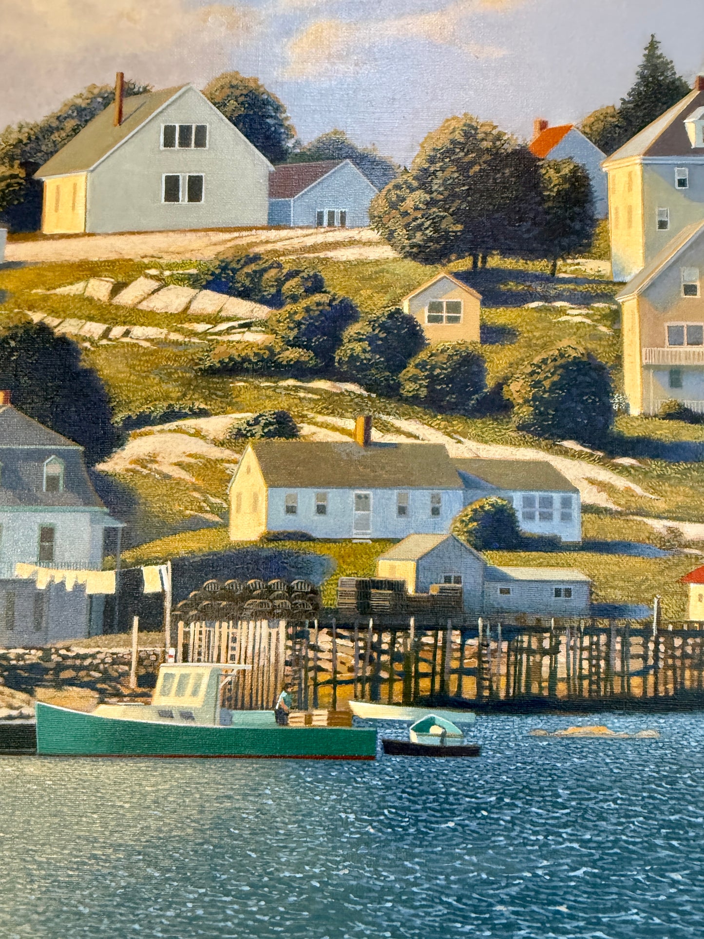 Loretta Krupinski Stonington Harbor, Maine Seaside Harborscape Oil Painting in Dark Gold Frame