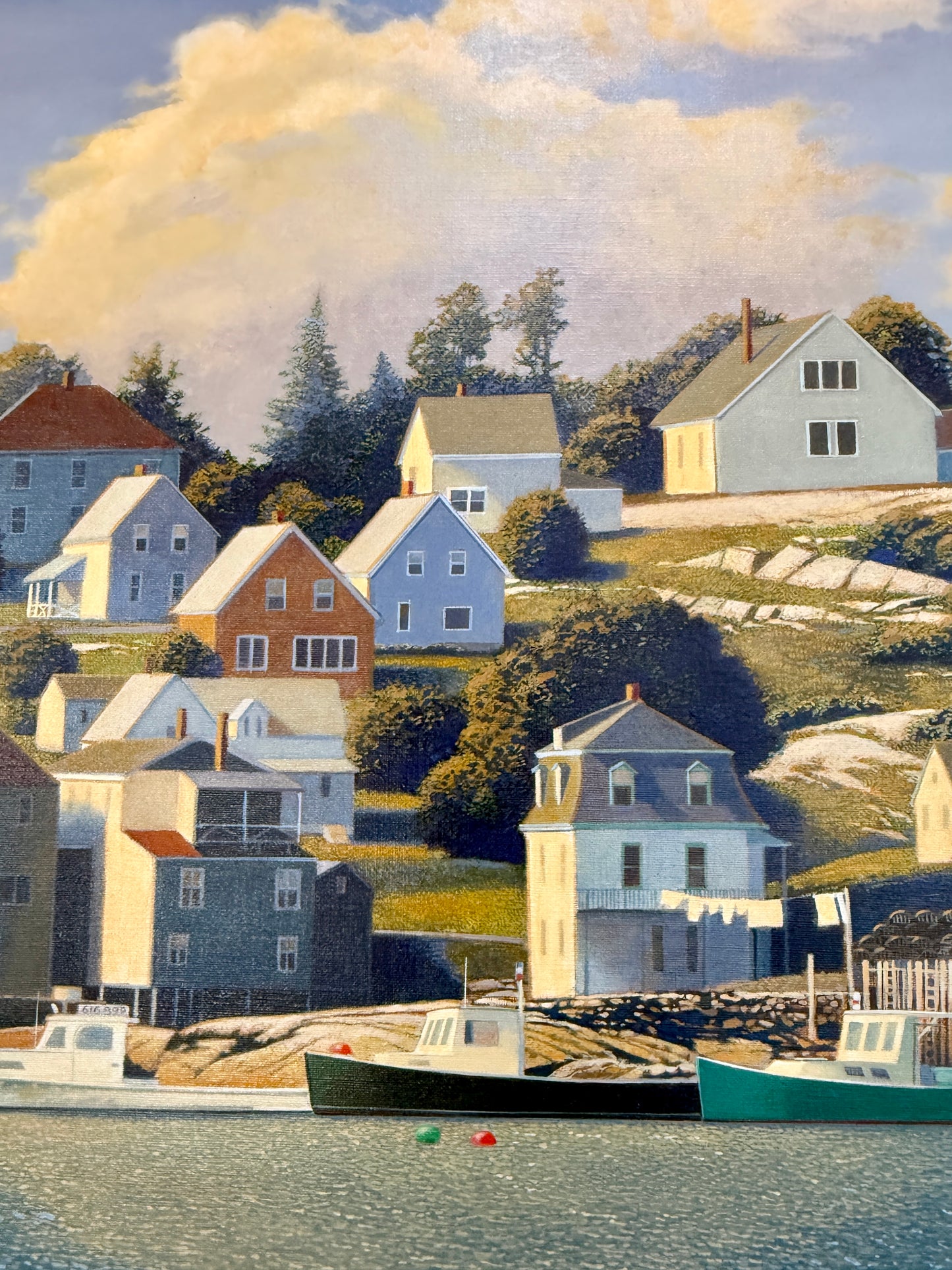Loretta Krupinski Stonington Harbor, Maine Seaside Harborscape Oil Painting in Dark Gold Frame