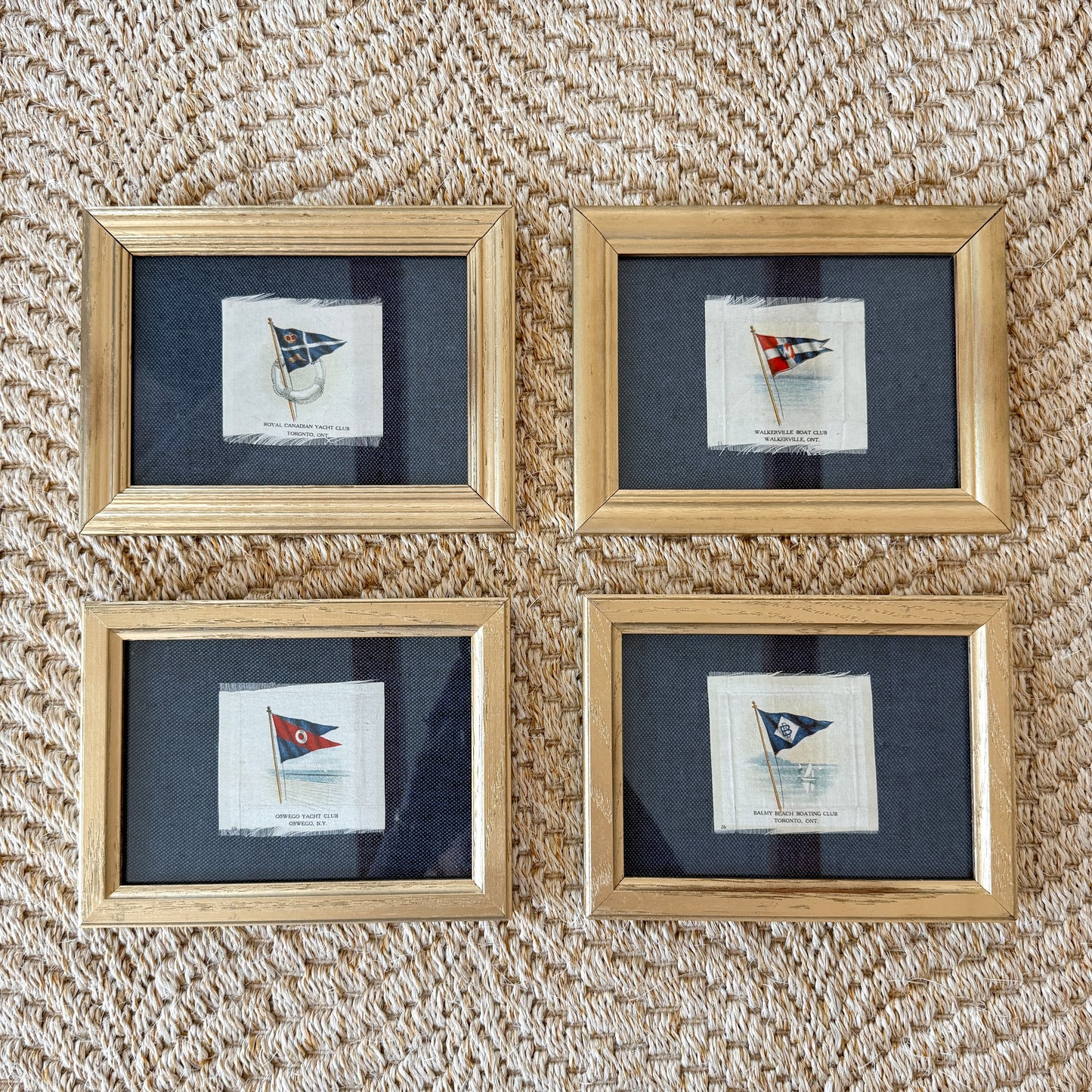 Set of 4 Antique Yacht Boating Club Silks on Navy Linen in Gold Frames (Set F)