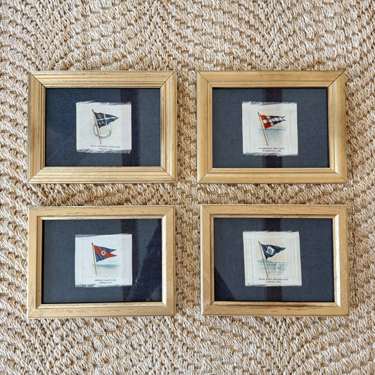 Set of 4 Antique Yacht Boating Club Silks on Navy Linen in Gold Frames (Set F)