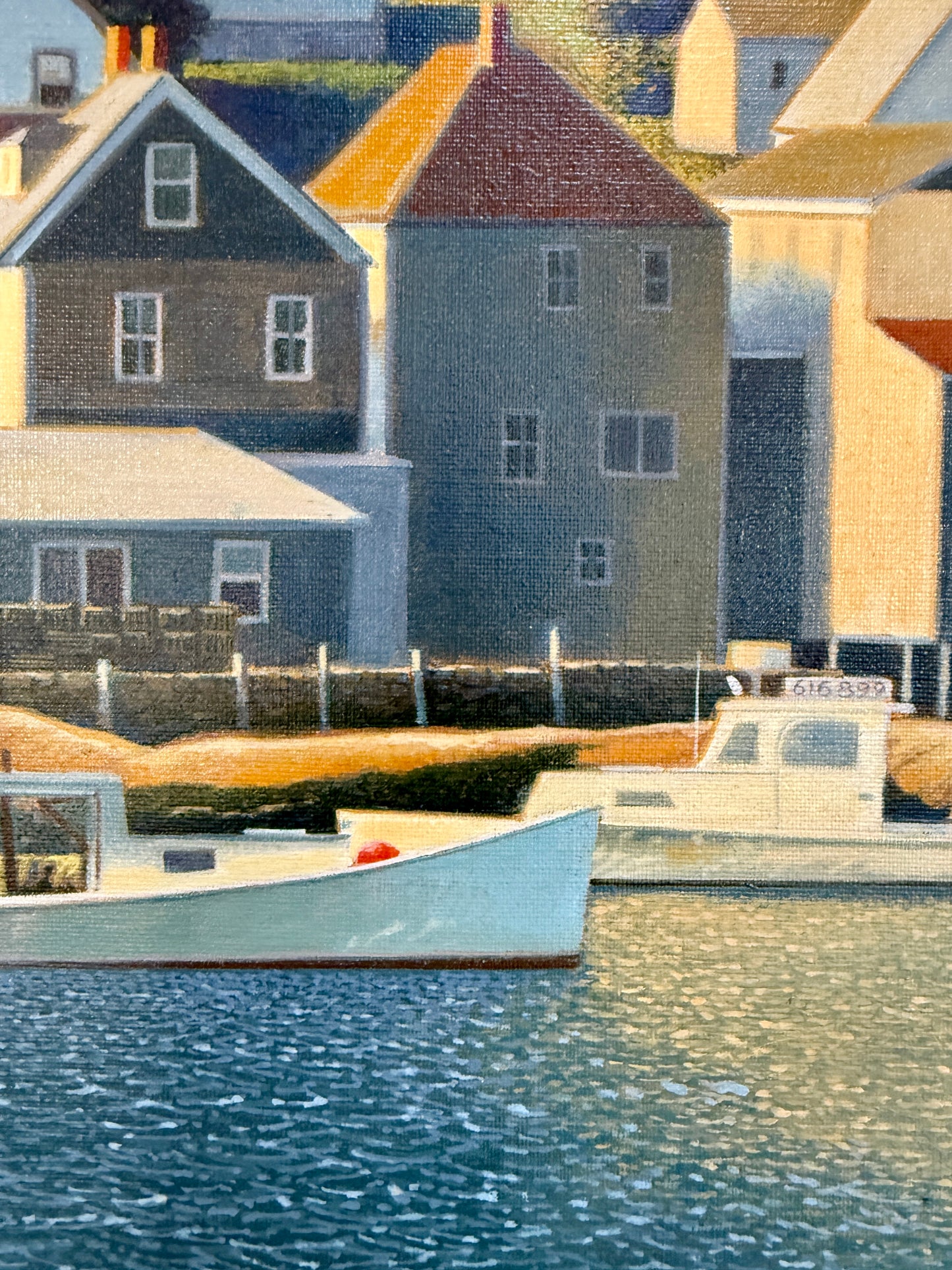 Loretta Krupinski Stonington Harbor, Maine Seaside Harborscape Oil Painting in Dark Gold Frame