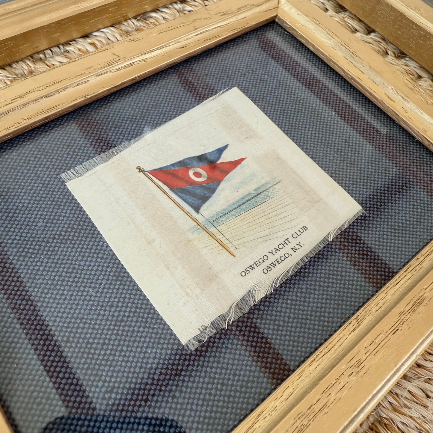 Set of 4 Antique Yacht Boating Club Silks on Navy Linen in Gold Frames (Set F)