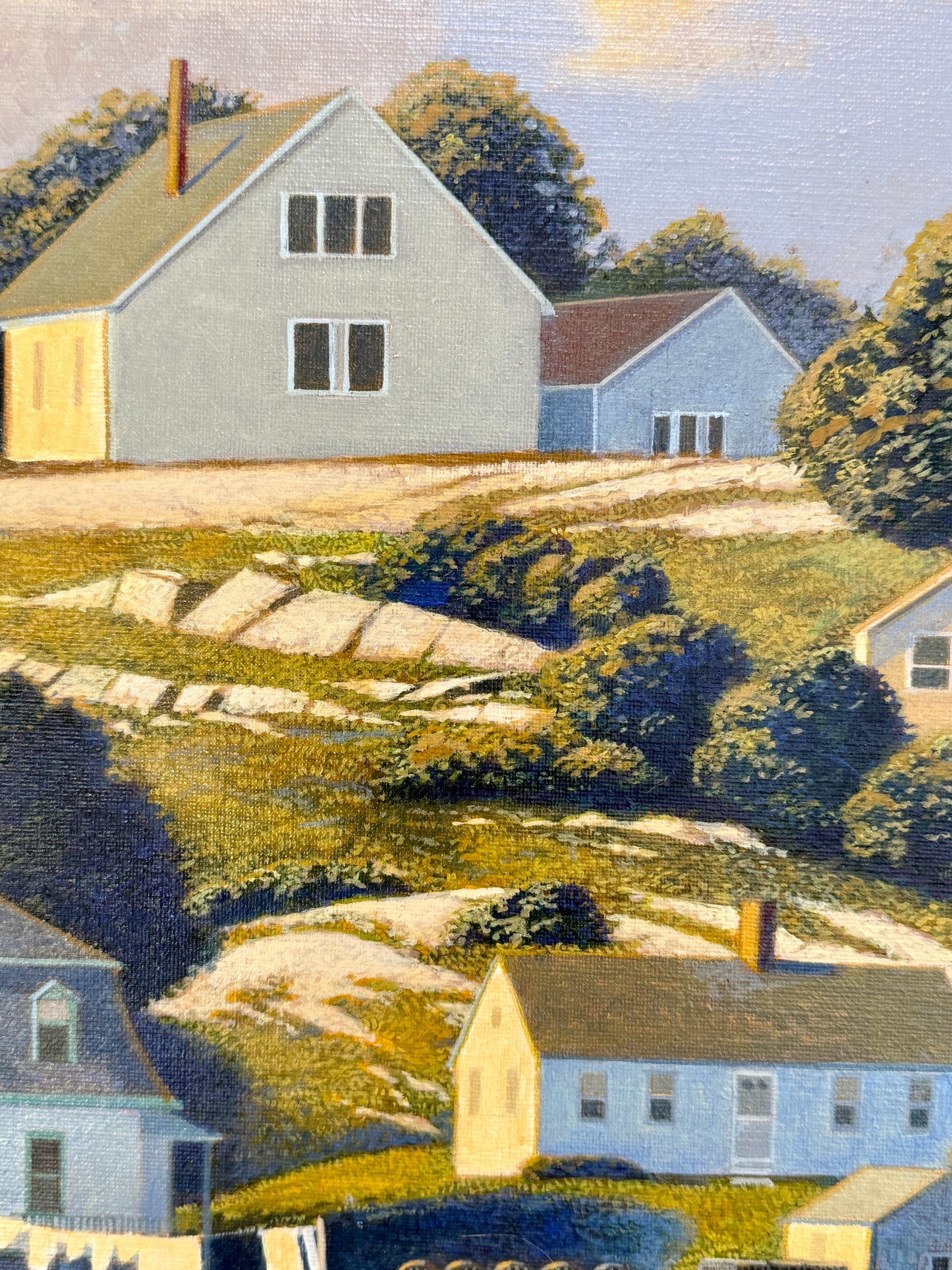 Loretta Krupinski Stonington Harbor, Maine Seaside Harborscape Oil Painting in Dark Gold Frame