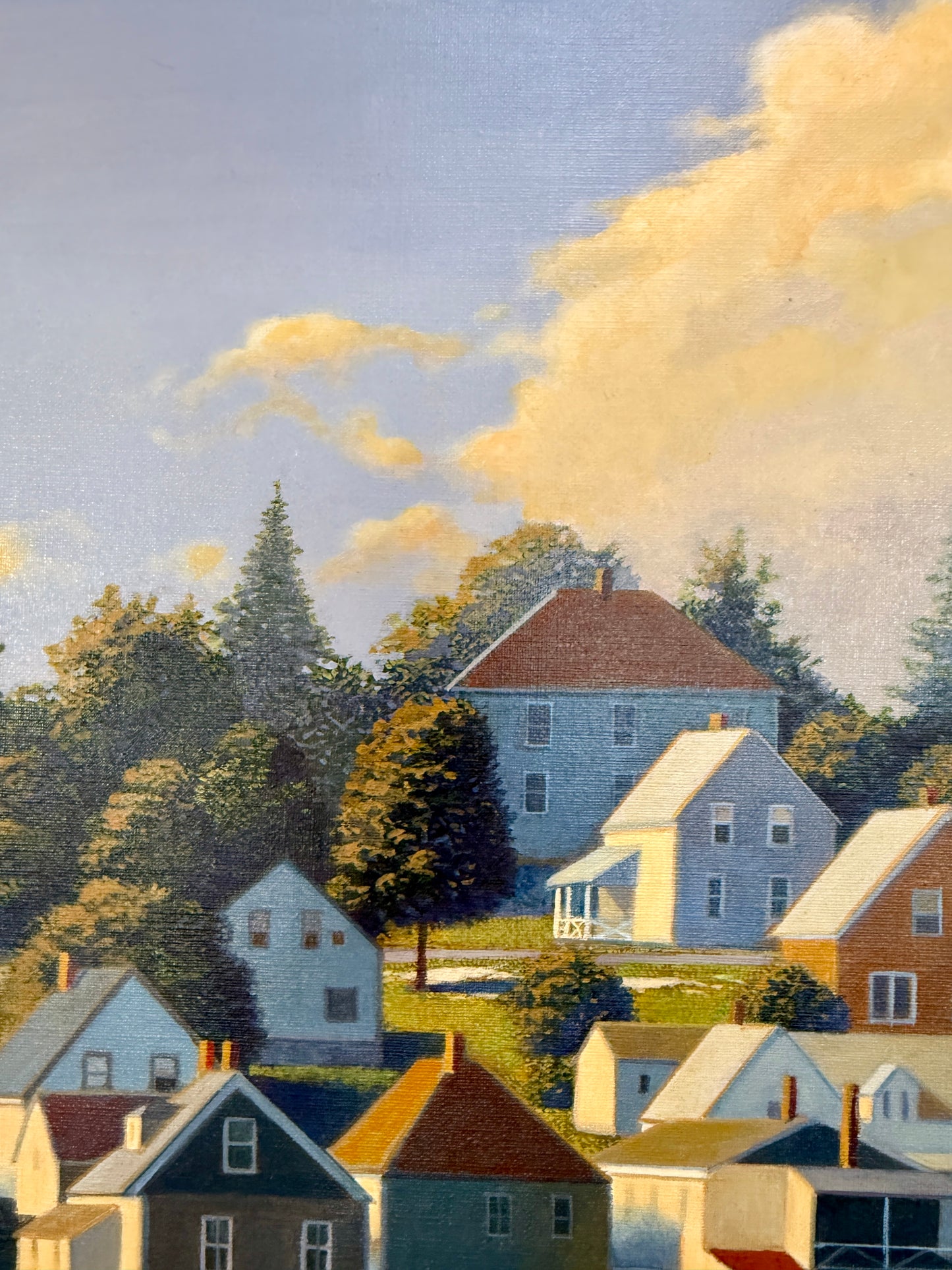 Loretta Krupinski Stonington Harbor, Maine Seaside Harborscape Oil Painting in Dark Gold Frame