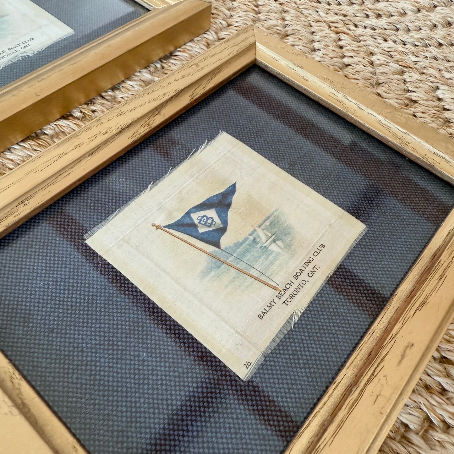 Set of 4 Antique Yacht Boating Club Silks on Navy Linen in Gold Frames (Set F)