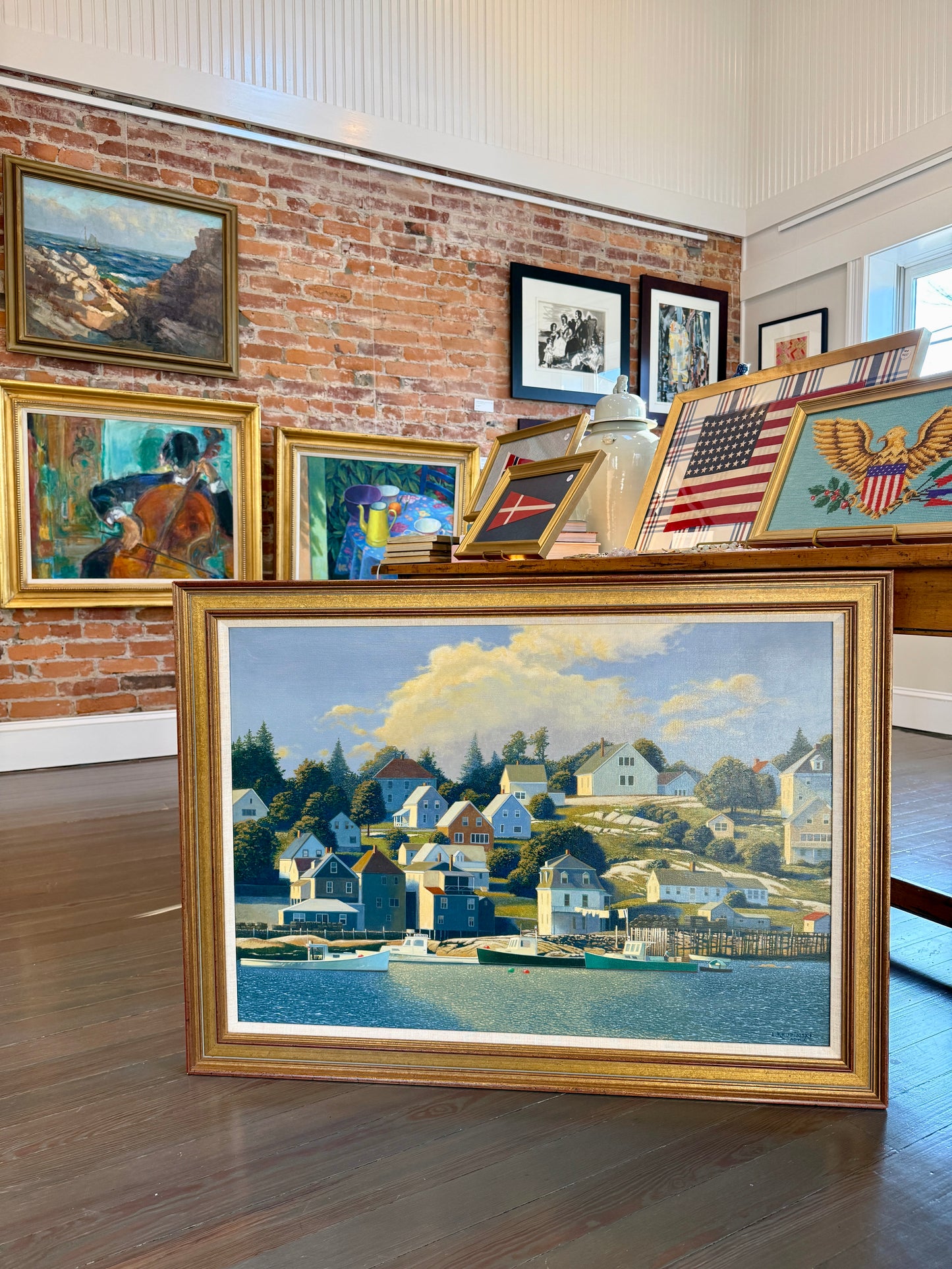 Loretta Krupinski Stonington Harbor, Maine Seaside Harborscape Oil Painting in Dark Gold Frame